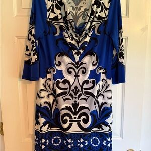 Madison Blue and White Cowl Neck Sheath Dress